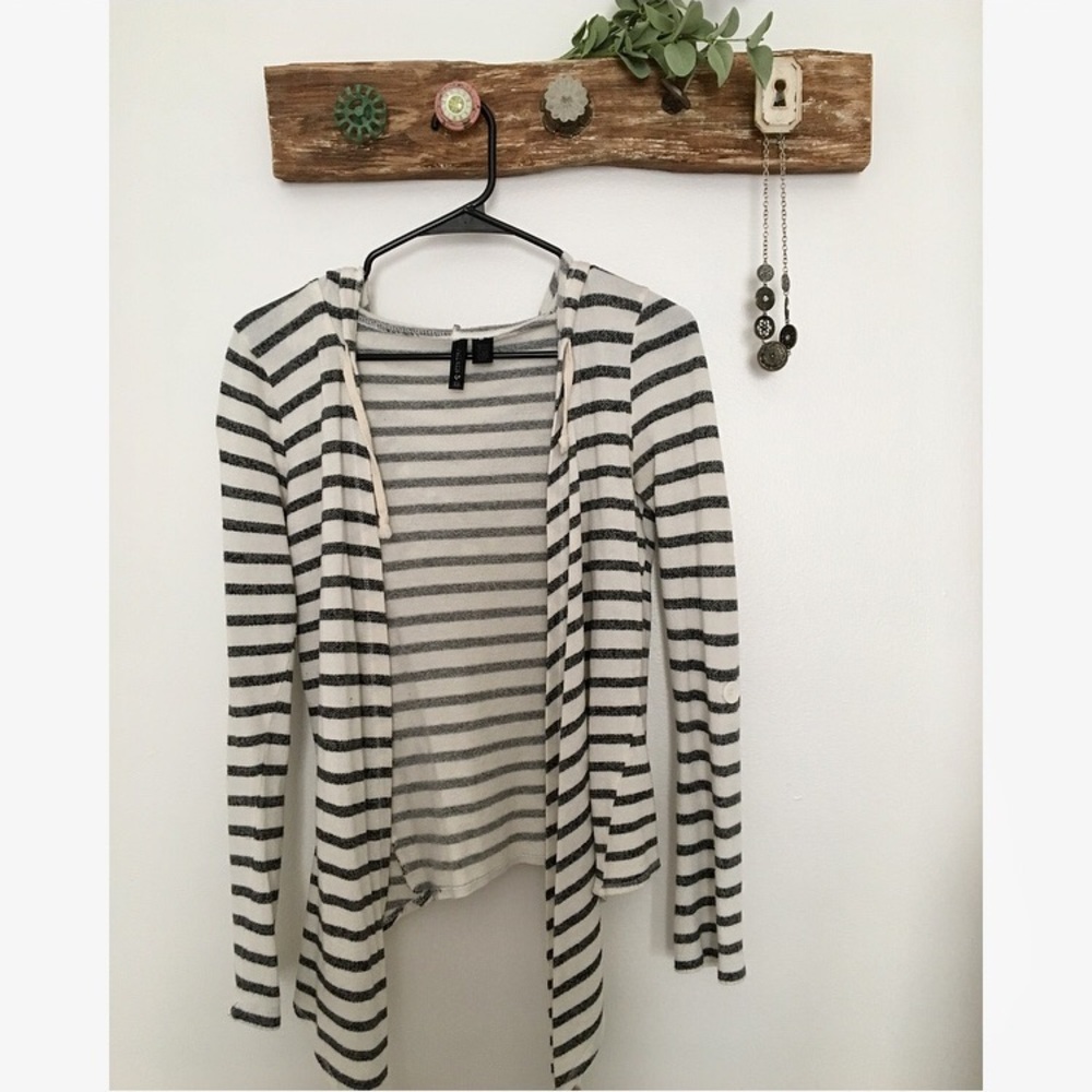 Black + White Striped Asymmetrical Hooded Sweater